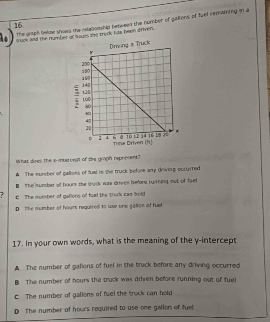 The graph below shows the relationship between the number of gallons of fuel remaining in a
16.
truck and the number of hours the truck has been driven.
What does the x-intercept of the graph represent?
A The number of gallons of fuel in the truck before any driving occurred
B The number of hours the truck was driven before running out of fuel
C The number of gallons of fuel the truck can hold
D The number of hours required to use one gallon of fuel
17. In your own words, what is the meaning of the y-intercept
A The number of gallons of fuel in the truck before any driving occurred
B The number of hours the truck was driven before running out of fuel
C The number of gallons of fuel the truck can hold
D The number of hours required to use one gallon of fuel