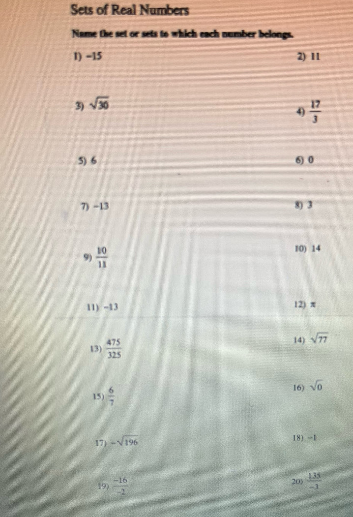 Sets of Real Numbers