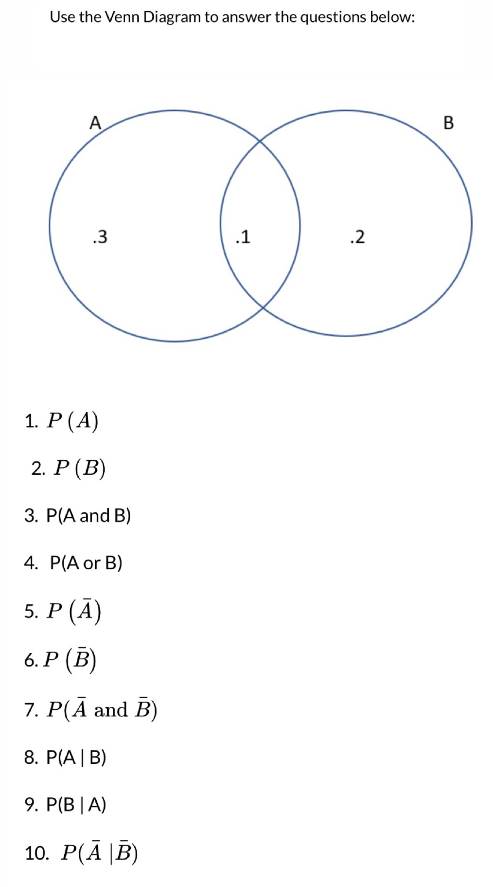 Use the Venn Diagram to answer the questions below: 
1. P(A)
2. P(B)
3. P( A and B)
4. P(AorB)
5. P(overline A)
6. P(overline B)
7. P(overline A and overline B)
8. P(A|B)
9. P(B|A)
10. P(overline A|overline B)