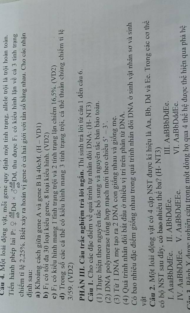 Cầu 4. Một loài động vật, mỗi gene quy định một tính trạng, allele trội là trội hoàn toàn.
Tiến hành phép lai P:  AB/ab Dd* 3*  ^wedge  AB/ab Dd, , thu được F_1 có kiểu hình lặn về cả 3 tính trạng
chiếm tỉ lệ 2,25%. Biết xảy ra hoán vị gene ở cả hai giới với tần số bằng nhau. Cho các nhận
dịnh sau:
a) Khoảng cách giữa gene A và gene B là 40cM. (H - VD1)
b) F_1 có tối đa 30 loại kiều gene, 8 loại kiều hình. (VD2)
c) F_1 có kiểu hình mang 1 tính trạng trội và 2 tính trạng lặn chiếm 16,5%. (VD2)
d) Trong số các cá thể có kiểu hình mang 3 tính trạng trội, cá thể thuần chủng chiếm ti lệ
3/59. (VD2)
PHÀN III. Câu trắc nghiệm trả lời ngắn. Thí sinh trả lời từ câu 1 đến câu 6.
Câu 1. Cho các đặc điểm về quá trình tự nhân đôi DNA: (H- NT3)
(1) Thực hiện theo nguyên tắc bồ sung và nguyên tắc bán bảo toàn.
(2) DNA polymerase tổng hợp mạch mới theo chiều 5^,-3^,.
(3) Từ 1 DNA mẹ tạo ra 2 DNA con giống nhau và giống mẹ.
(4) Quá trình nhân đôi bắt đầu ở nhiều vị trí trên phân tử DNA.
Có bao nhiêu đặc điểm giống nhau trong quá trình nhân đôi DNA ở sinh vật nhân sơ và sinh
vật
Câu 2. Một loài động vật có 4 cặp NST được kí hiệu là Aa, Bb, Dd và Ee. Trong các cơ thể
có bộ NST sau dây, có bao nhiêu thể ba? (H- NT3)
I. AaaBbDdEe. II. ABbDdEe. III. AaBBbDdEe.
IV. AaBbDdEe. V. AaBbDdEEe. VI. AaBbDddEe.
Câu 3, Bệnh X dược nghiên cứu trong một dòng họ qua 4 thế hệ được thể hiện qua phả hệ
