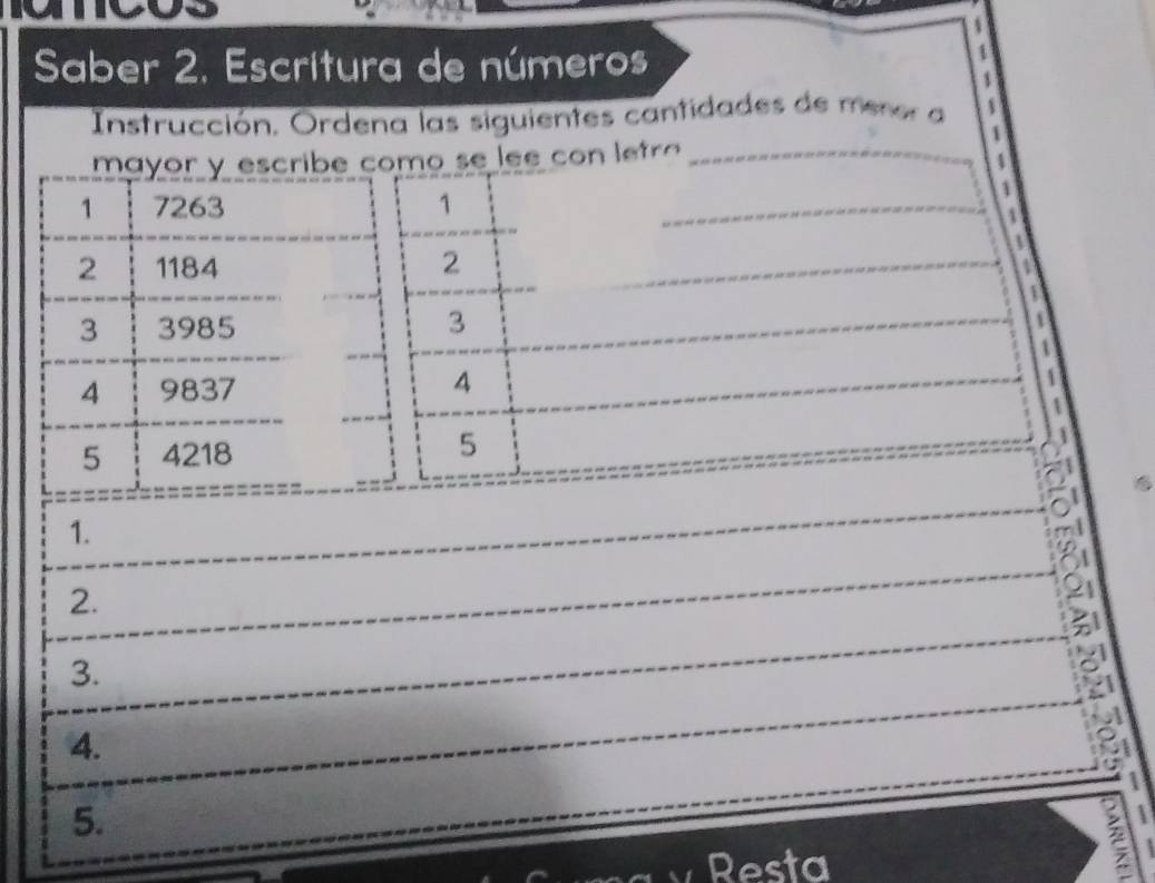 Saber 2. Escritura de números 
4 
4 
Instrucción. Ordena las siguientes cantidades de menor a 
mayor y escribe como se le e lta 
1 7263 1 
2 1184 2 
3 3985 3 
4 9837 4 
5 4218
5 
1. 
2. 
3. 
4. 
 
5. 
Resta 
2 