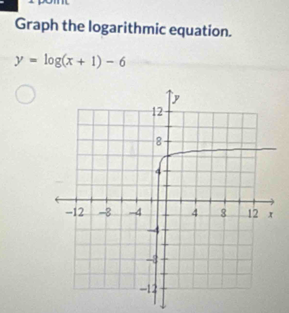 Graph the logarithmic equation.
y=log (x+1)-6