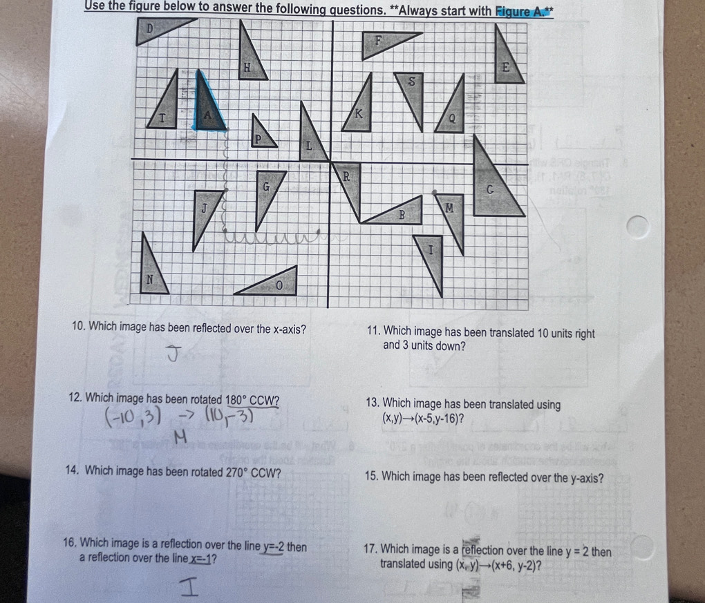 Use the figure below to answer the following questions. **Always start with Figure A.**
D
F
H
E
S
T A
K
Q
P L
R
G
J
M
B
I
N
0
10. Which image has been reflected over the x-axis? 11. Which image has been translated 10 units right 
and 3 units down? 
12. Which image has been rotated 180°CC 13. Which image has been translated using
(x,y)to (x-5,y-16) ? 
14. Which image has been rotated 270° C CV /? 15. Which image has been reflected over the y-axis? 
16. Which image is a reflection over the line y=-2 then 17. Which image is a reflection over the line y=2 then 
a reflection over the line _ x=- 7 translated using (x,y)to (x+6,y-2) ?