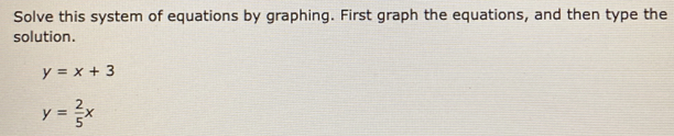 Solve this system of equations by graphing. First graph the equations, and then type the
solution.
y=x+3
y= 2/5 x