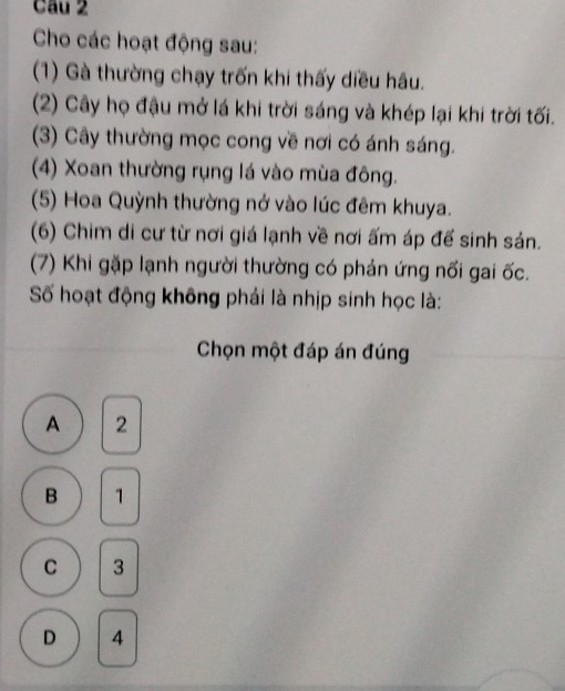 Cho các hoạt động sau:
(1) Gà thường chạy trốn khi thấy diều hâu.
(2) Cây họ đậu mở lá khi trời sáng và khép lại khi trời tối.
(3) Cây thường mọc cong về nơi có ánh sáng.
(4) Xoan thường rụng lá vào mùa đông.
(5) Hoa Quỳnh thường nở vào lúc đêm khuya.
(6) Chim di cư từ nơi giá lạnh về nơi ấm áp đế sinh sản.
(7) Khi gặp lạnh người thường có phản ứng nối gai ốc.
Số hoạt động không phải là nhịp sinh học là:
Chọn một đáp án đúng
A 2
B 1
C 3
D 4