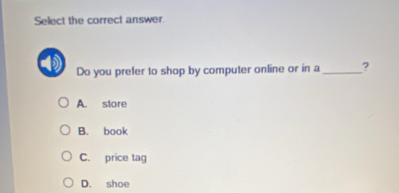 Select the correct answer.
Do you prefer to shop by computer online or in a _?
A. store
B. book
C. price tag
D. shoe