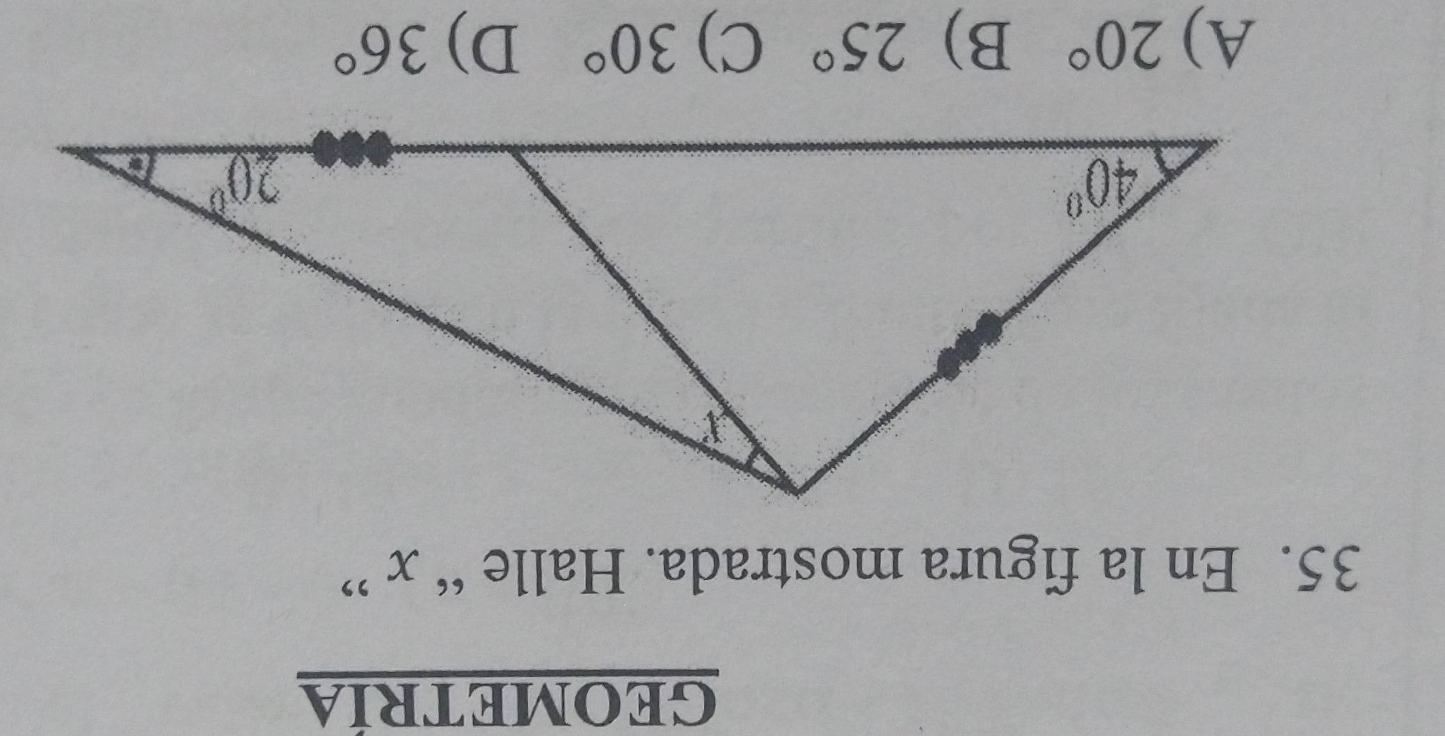 GEOMETRÍA
35. En la figura mostrada. Halle “ x ”
A) 20° B) 25° C) 30° D) 36°
