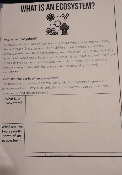 WHAT IS AN ECOSYSTEM? 
What is an ecosystem? 
An ecosystem is a small or large environment where living and non-living 
-hings interact. It's a community of different interconnected insects, 
inimals, plants, and their surroundings. An ecosystem can be as small as a 
water pond with fishes, frogs, insects, water, air, sunlight, and soil. But it can 
)e as complex as an entire rainforest with all its trees, plants, insects, 
inimals, sunlight, and land features, such as rivers, hills, and rock 
ormations 
What are the parts of an ecosystem? 
"he ecosystem has two essential parts: abiotic elements (non-living 
:omponents) and biotic elements (living components such as producers. 
:onsumers, and decomposers.) 
What is an 
ecosystem? 
What are the 
two essential 
parts of an 
ecosystem? 
0 http://www.2peosondadog.com