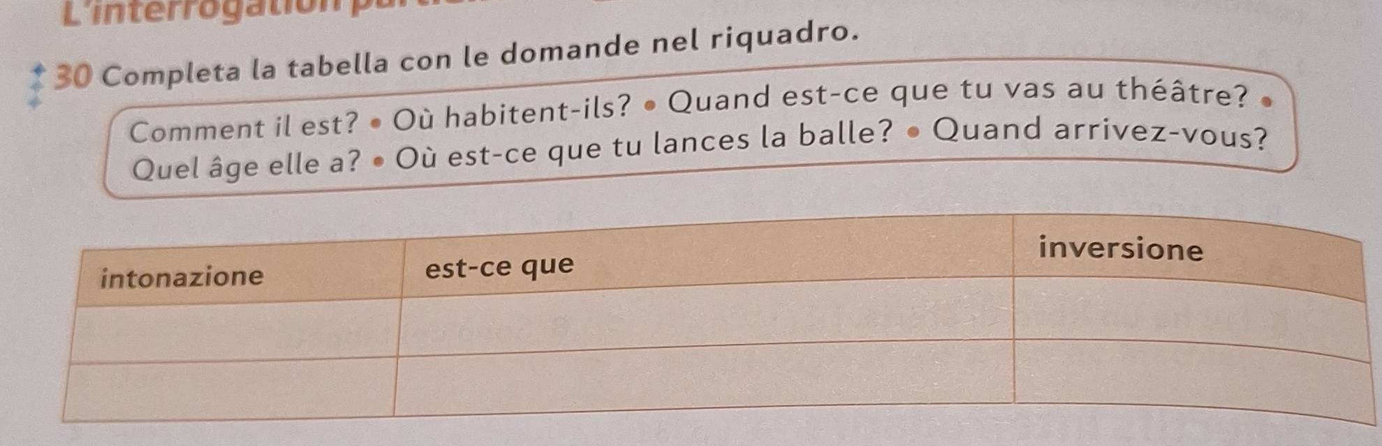 L'interrogatio n 
30 Completa la tabella con le domande nel riquadro. 
Comment il est? • Où habitent-ils? • Quand est-ce que tu vas au théâtre? 
Quel âge elle a? • Où est-ce que tu lances la balle? • Quand arrivez-vous?