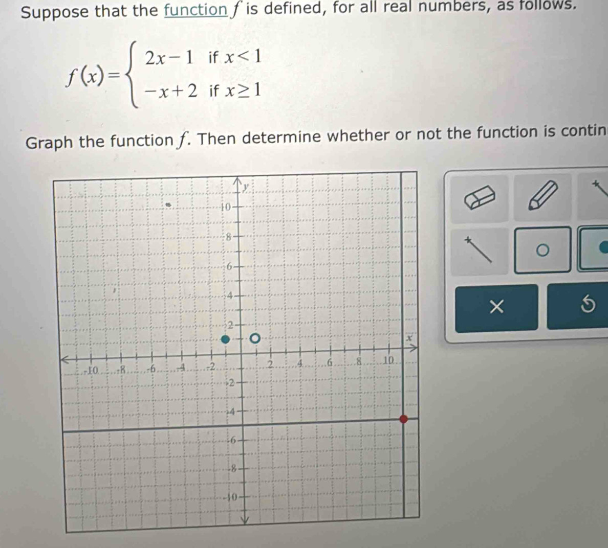 Suppose that the function f is defined, for all real numbers, as follows.
f(x)=beginarrayl 2x-1ifx<1 -x+2ifx≥ 1endarray.
Graph the function f. Then determine whether or not the function is contin 
。 
×