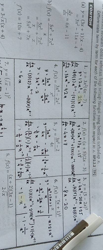 sebutan demi sebutan bagi setiap fungsi yang berikut terhadap x.
Differentiate term by term fo
(
b)
y=3sqrt(x)(x+4)