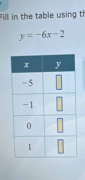 Fill in the table using th
y=-6x-2