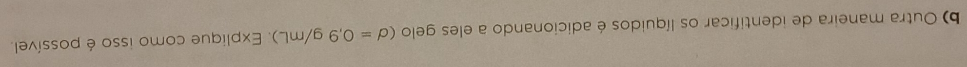 Outra maneira de identificar os líquidos é adicionando a eles gelo (d=0,9g/mL). Explique como isso é possível.