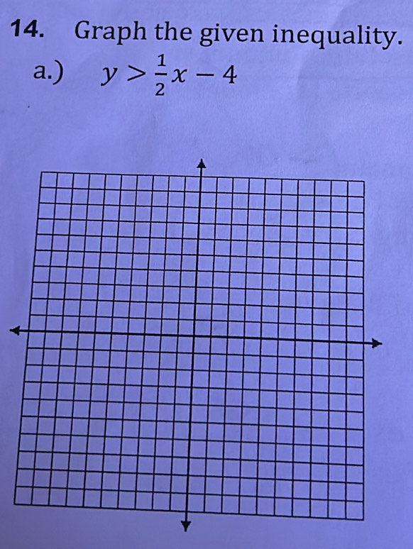 Graph the given inequality. 
a.) y> 1/2 x-4