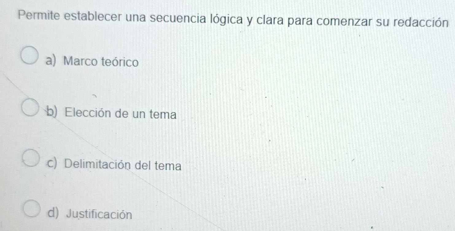 Permite establecer una secuencia lógica y clara para comenzar su redacción
a) Marco teórico
b) Elección de un tema
c) Delimitación del tema
d) Justificación