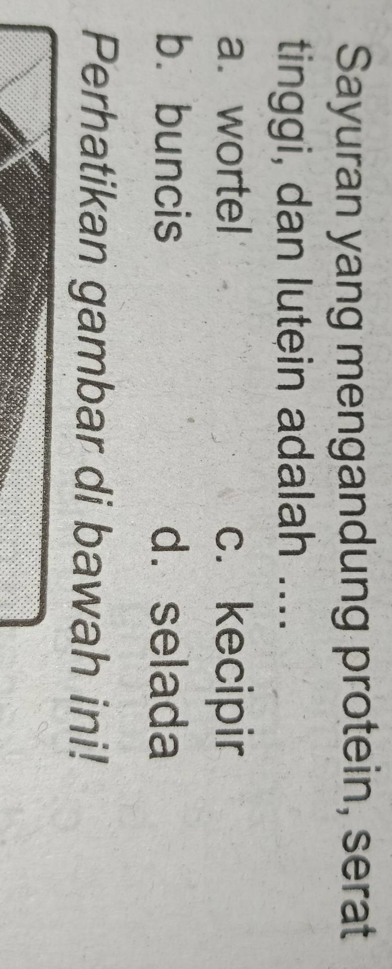 Sayuran yang mengandung protein, serat
tinggi, dan lutein adalah ....
a. wortel c. kecipir
b. buncis d. selada
Perhatikan gambar di bawah ini!