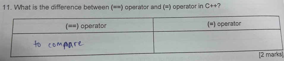 What is the difference between (==) operator and (=) operator in C++ ? 
]