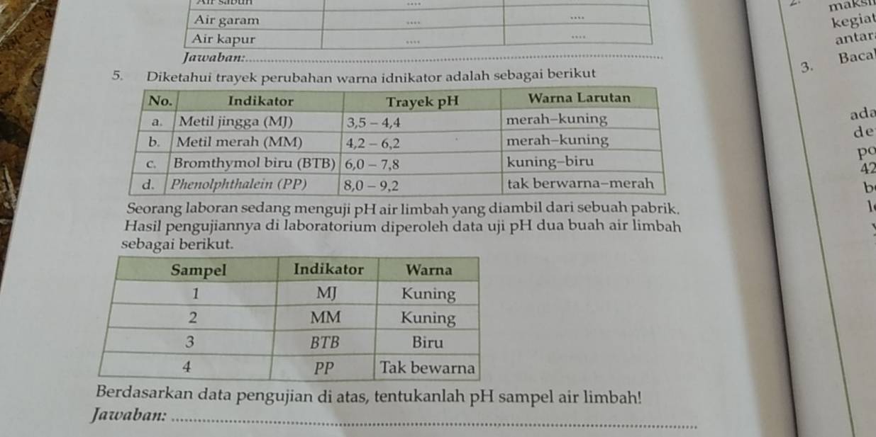 maksi 
kegiat 
antar 
Jawaban: 
3. Baca 
5. Diketahui trayek perubahan warna idnikator adalah sebagai berikut 
ada 
de 
po
42
b 
Seorang laboran sedang menguji pH air limbah yang diambil dari sebuah pabrik. 1 
Hasil pengujiannya di laboratorium diperoleh data uji pH dua buah air limbah 
sebagai berikut. 
Berdasarkan data pengujian di atas, tentukanlah pH sampel air limbah! 
Jawaban:_