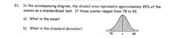 In the accompanying diagram, the shaded area represents approximately 95% of the 
scores on a standardized test. If these scores ranged from 78 to 92, 
a) What is the mean? 
b) What is the standard deviation?