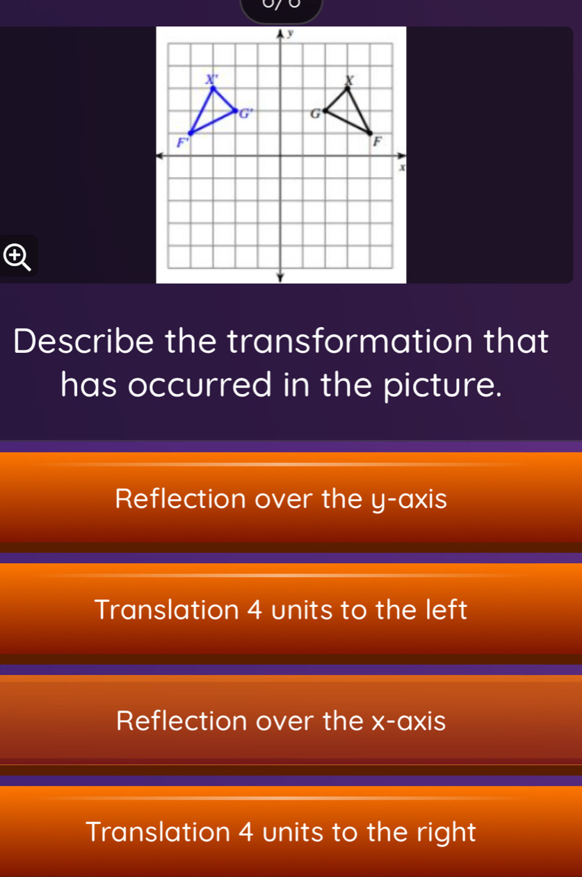 Describe the transformation that
has occurred in the picture.
Reflection over the y-axis
Translation 4 units to the left
Reflection over the x-axis
Translation 4 units to the right