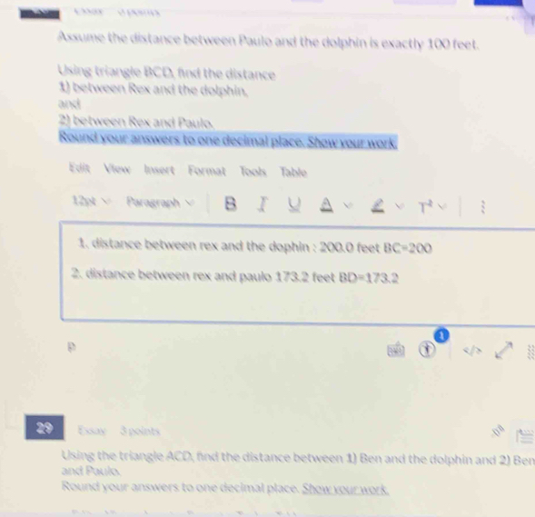 Assume the distance between Paulo and the dolphin is exactly 100 feet. 
Using triangle BCD, find the distance 
1) between Rex and the dolphin, 
and 
2) between Rex and Paulo. 
Round your answers to one decimal place. Show your work. 
Edit View Insert Format Tools Table
128= Paragraph B 
1. distance between rex and the dophin : 200.0 feet BC=200
2. distance between rex and paulo 173.2 feet BD=173.2
p 
29 Essay 3 points 
Using the triangle ACD, find the distance between 1) Ben and the dolphin and 2) Ben 
and Paulo. 
Round your answers to one decimal place. Show your work,