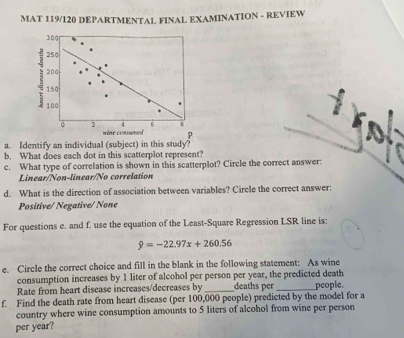 MAT 119/120 DEPARTMENTAL FINAL EXAMINATION - REVIEW
wine conumed P
a. Identify an individual (subject) in this study?
b. What does each dot in this scatterplot represent?
c. What type of correlation is shown in this scatterplot? Circle the correct answer:
Linear/Non-linear/No correlation
d. What is the direction of association between variables? Circle the correct answer:
Positive/ Negative/ None
For questions e. and f. use the equation of the Least-Square Regression LSR line is:
hat y=-22.97x+260.56
e. Circle the correct choice and fill in the blank in the following statement: As wine
consumption increases by 1 liter of alcohol per person per year, the predicted death
Rate from heart disease increases/decreases by _deaths per _people.
f. Find the death rate from heart disease (per 100,000 people) predicted by the model for a
country where wine consumption amounts to 5 liters of alcohol from wine per person
per year?