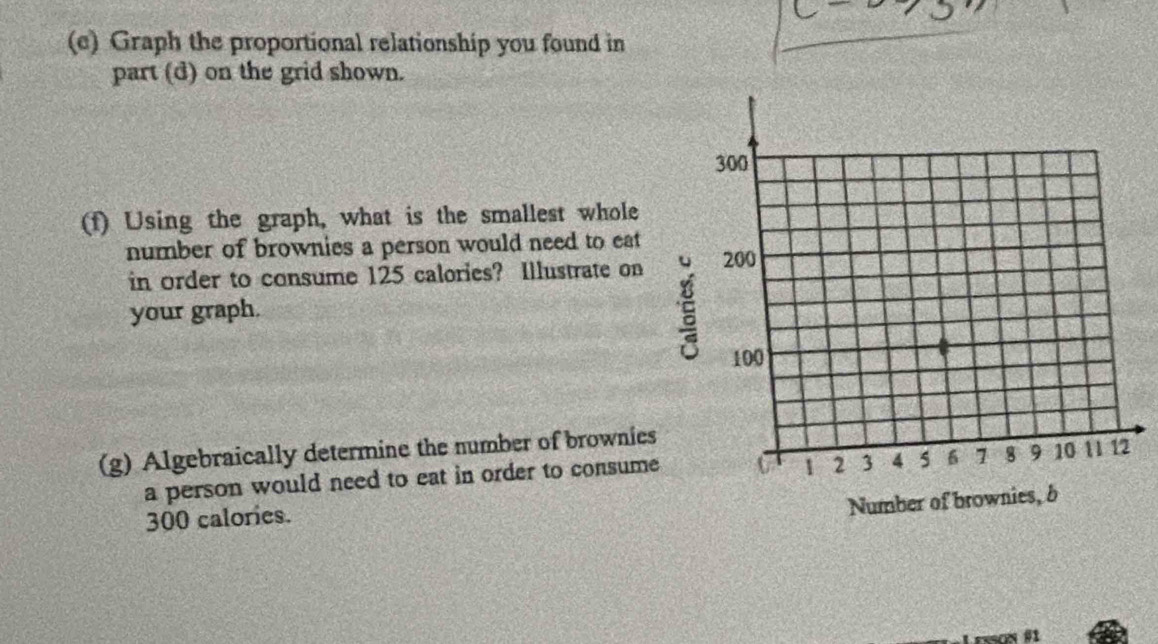 Graph the proportional relationship you found in 
part (d) on the grid shown. 
(f) Using the graph, what is the smallest whole 
number of brownies a person would need to eat 
in order to consume 125 calories? Illustrate on 
your graph. 
(g) Algebraically determine the number of brownies 
a person would need to eat in order to consume
300 calories.