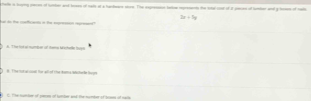 chelle is buying pieces of lumber and boxes of nails at a hardware store. The expression below represents the total cost of 2 pieces of umber and g boxes of naids
2x+5y
hat do the coefficients in the expression represent?
A. The tot al number of items Michelle buys
B. The total cost for all of the items Michelle buys
C. The number of pieces of lumber and the number of boxes of nails