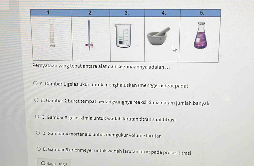 Pernyataan yang tepat antara alat dan kegunaannya adalah ...
A. Gambar 1 gelas ukur untuk menghaluskan (menggerus) zat padat
B. Gambar 2 buret tempat berlangsungnya reaksi kimia dalam jumlah banyak
C. Gambar 3 gelas kimia untuk wadah larutan titran saat titrasi
D. Gambar 4 mortar alu untuk mengukur volume larutan
E. Gambar 5 erlenmeyer untuk wadah larutan titrat pada proses titrasi
Ragu - ragu