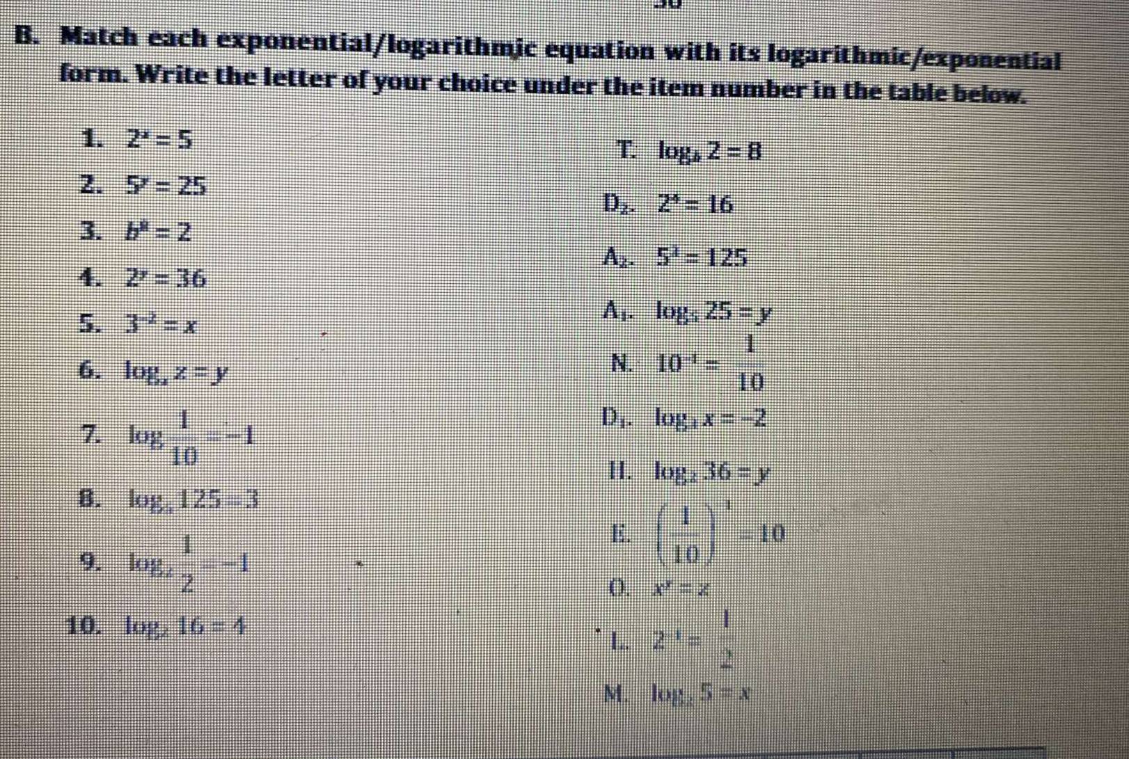 Match each exponential/logarithmic equation with its logarithmic/exponential
form. Write the letter of your choice under the item number in the table below.
1. 2^x=5
T. log _b2=8
2. 5^y=25
D_2.2^4=16
3. b^8=2
A_2.5^(lambda)=125
4. 2^r=36
5. 3^(-2)=x
A;. log _525=y
6. log ,z=y
N. 10^(-1)= 1/10 
7. log  1/10 =-1
D,. log _3x=-2
H. log _236=y
B. log _4125=3
9. log _a 1/2 =-1
E. ( 1/10 )^1=10
O. x^y=z
10. log _216=4
L. 2^(-1)= 1/2 
M. log _25=x