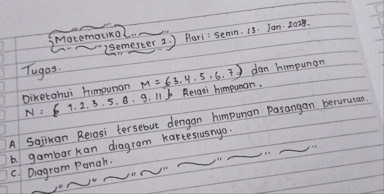 Matematikol._ 
(semester 2. ) Hari: senn. 13. Jan. 2028 
C 
Tugos. 
Diketahui himpunan M= 3,4,5,6,7 dan himpunan
N= 1.2.3,5.8.9.11 Relasi himpunar. 
_ 
A Sajikan Relasi tersebut dengan himpuman Pasangan berurutan. 
b. gambar kan diagram karteslusnya._ 
_ 
C. Diagram Panah._