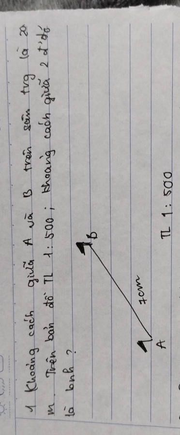 Khooing cach giuá A vā B tren sàn trg (a 20
m Tven ban do TL 1:500; khoanig caon giuá 2 of'dó 
la b
1:500