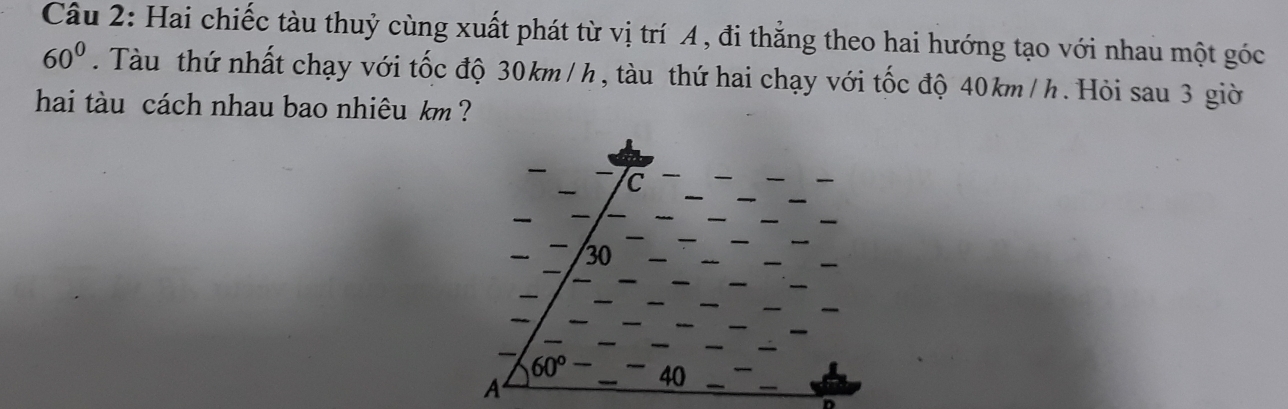 Hai chiếc tàu thuỷ cùng xuất phát từ vị trí A , đi thẳng theo hai hướng tạo với nhau một góc
60^0. Tàu thứ nhất chạy với tốc độ 30km /h, tàu thứ hai chạy với tốc độ 40km /h. Hỏi sau 3 giờ
hai tàu cách nhau bao nhiêu km ?
C
30
60° 40
A