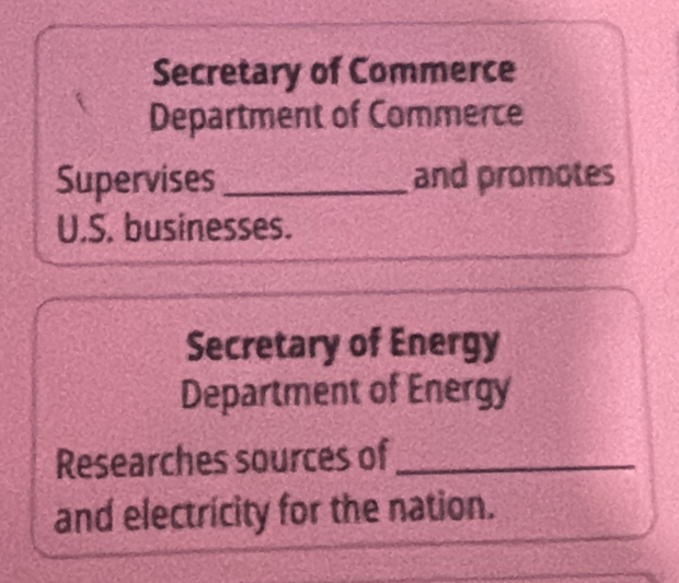 Secretary of Commerce
Department of Commerce
Supervises _and promotes
U.S. businesses.
Secretary of Energy
Department of Energy
Researches sources of_
and electricity for the nation.