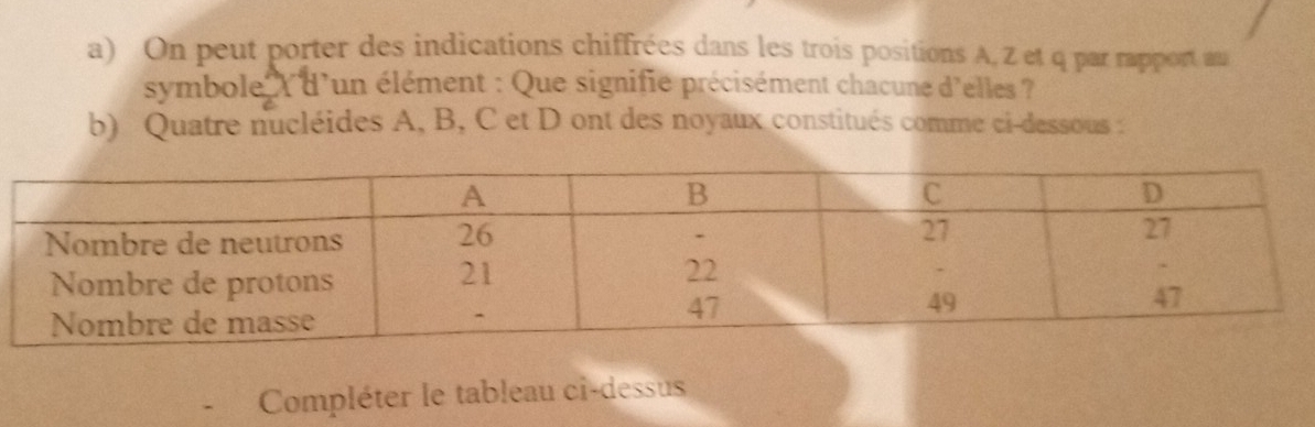 On peut porter des indications chiffrées dans les trois positions A, Z et q par rapport au 
symbole Xd'un élément : Que signifie précisément chacune d'elles ? 
b) Quatre nucléides A, B, C et D ont des noyaux constitués comme ci-dessous : 
Compléter le tableau ci-dessus