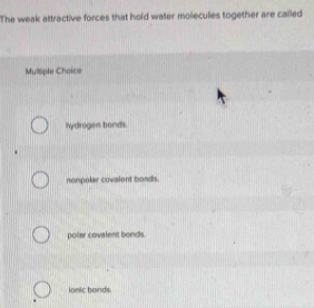 The weak attractive forces that hold water molleculies together are called
Mulliple Choice
hydrogen bonds.
nompolar covalent bonds.
poilar covrlent bonds.
lonic bands.