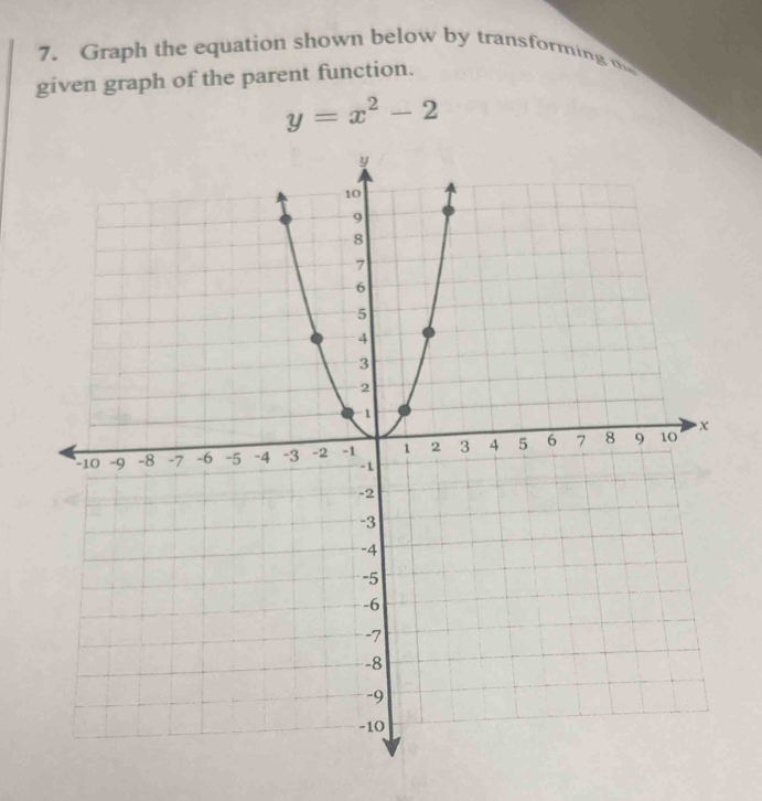 Graph the equation shown below by transforming m 
given graph of the parent function.
y=x^2-2