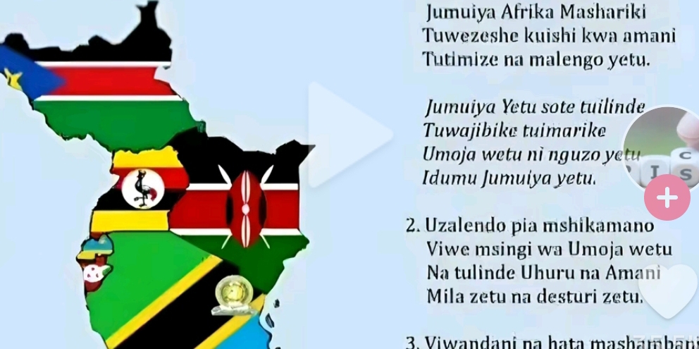 Jumuiya Afrika Mashariki 
uwezeshe kuishi kwa amani 
utimize na malengo yetu. 
umuiya Yetu sote tuilinde 
uwajibike tuimarike 
moja wetu ni ngu o yetu C 
dumu Jumuíya yetu. I S 
+ 
zalendo pia mshikamano 
iwe msingi wa Umoja wetu 
a tulinde Uhuru na Amani 
ila zetu na desturi zetu. 
3. Viwandani na hạta mashambān