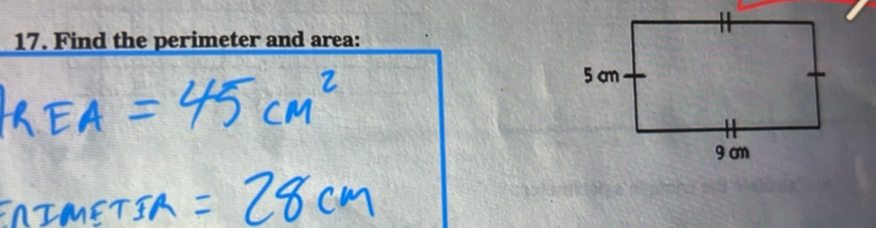 Find the perimeter and area: