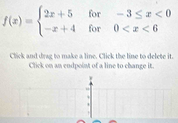 f(x)=beginarrayl 2x+5for-3≤ x<0 -x+4for0
Click and drag to make a line. Click the line to delete it. 
Click on an endpoint of a line to change it.
10
9
8