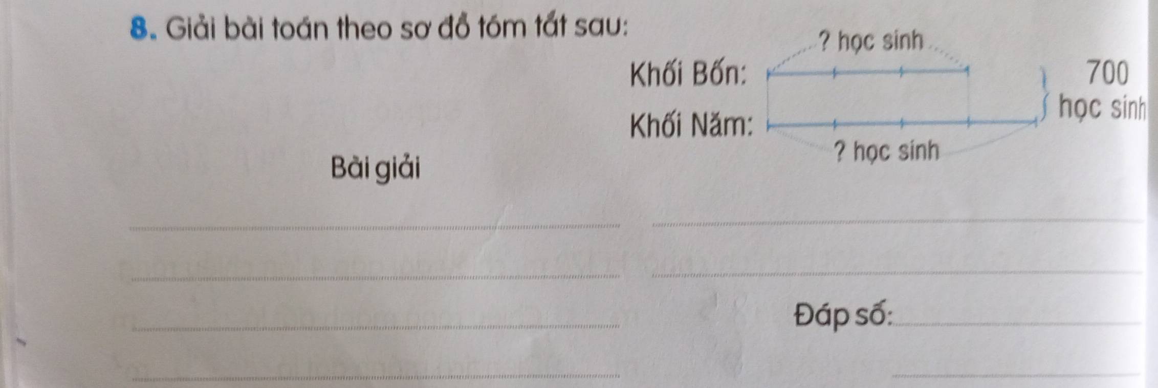 Giải bài toán theo sơ đồ tóm tắt sau: 
? học sinh 
Khối Bốn: 700
Khối Năm: 
học sinh 
Bài giải 
? học sinh 
_ 
_ 
_ 
_ 
_ 
Đáp số:_ 
_ 
_