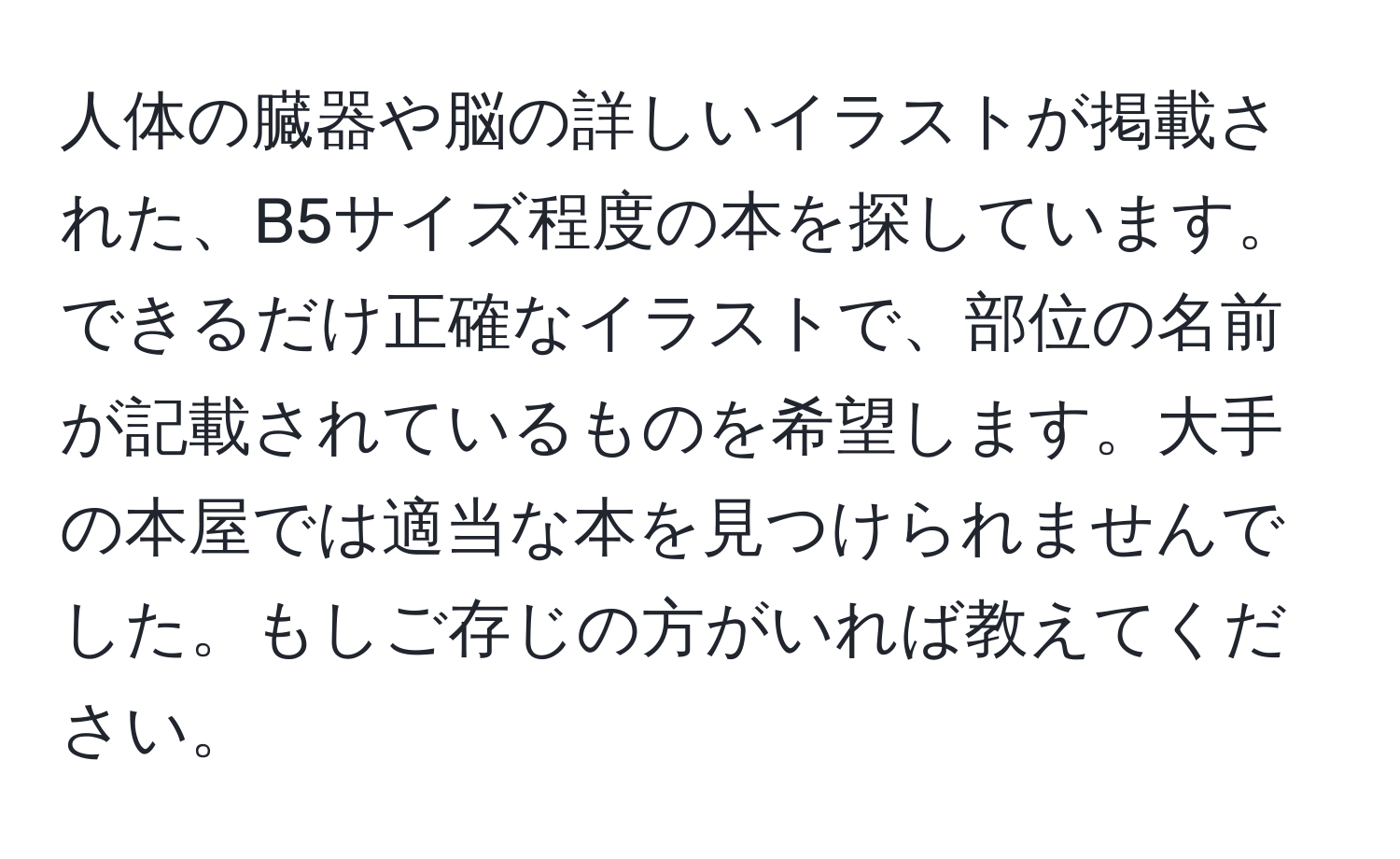 人体の臓器や脳の詳しいイラストが掲載された、B5サイズ程度の本を探しています。できるだけ正確なイラストで、部位の名前が記載されているものを希望します。大手の本屋では適当な本を見つけられませんでした。もしご存じの方がいれば教えてください。