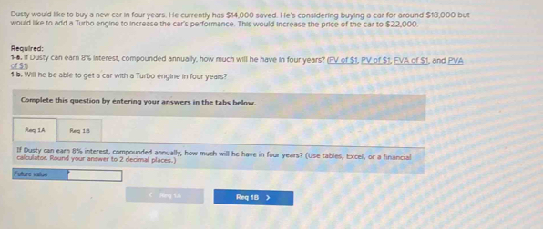 Dusty would like to buy a new car in four years. He currently has $14,000 saved. He's considering buying a car for around $18,000 but 
would like to add a Turbo engine to increase the car's performance. This would increase the price of the car to $22,000. 
Required: 1-6. If Dusty can earn 8% interest, compounded annually, how much will he have in four years? (FV of $1, PV of $1, EVA of $1, and PVA 
of $1 1-b. Will he be able to get a car with a Turbo engine in four years? 
Complete this question by entering your answers in the tabs below. 
Req 1A Rea 1f 
If Dusty can earn 8% interest, compounded annually, how much will he have in four years? (Use tables, Excel, or a financial 
calculator. Round your answer to 2 decimal places.) 
Future value 
《 Req 1.A Req 18 >