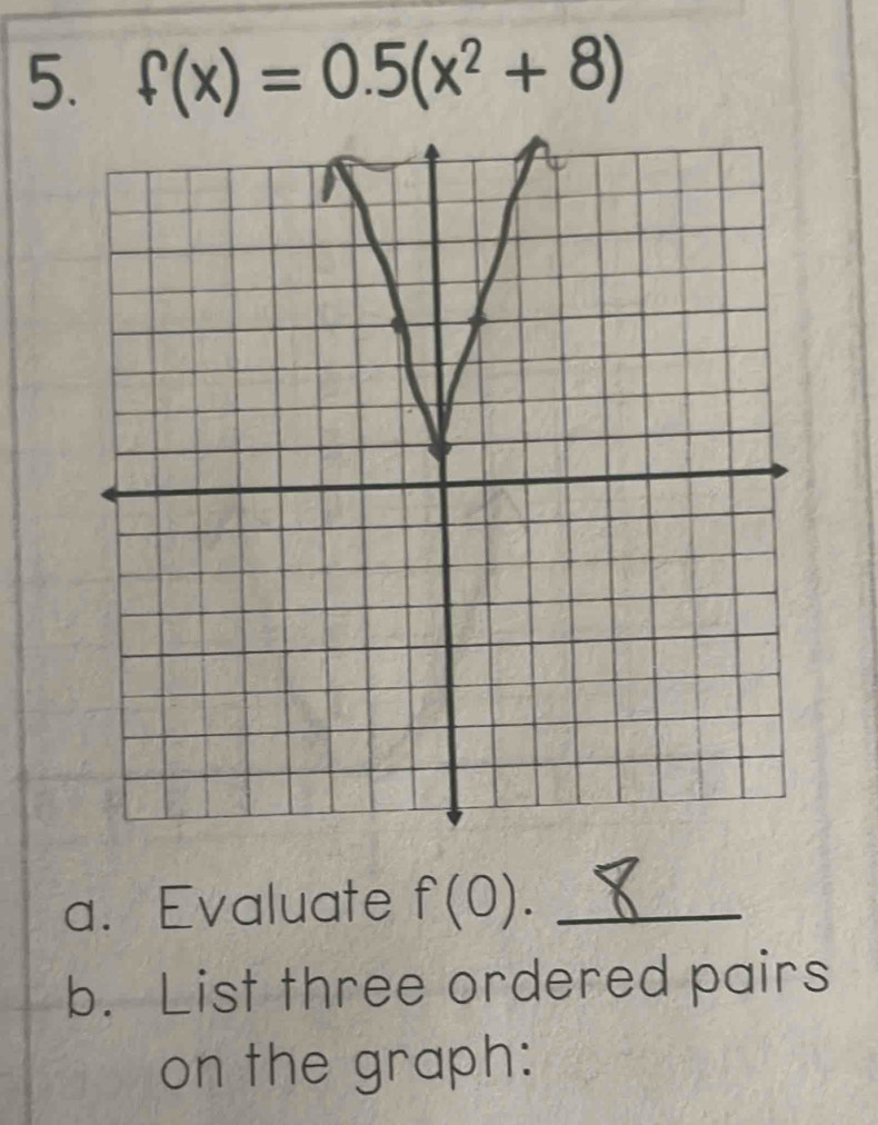 f(x)=0.5(x^2+8)
a. Evaluate f(0). _ 
b. List three ordered pairs 
on the graph: