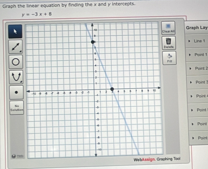 Graph the linear equation by finding the x and y intercepts.
y=-3x+8
Graph Lay 
Clear All 
Line 1
Delefe 
Point 1
Fill 
Point 2
Point 3
Point 4
No 
SolutioPoint 
Point 
Point 
He 
hing Tool