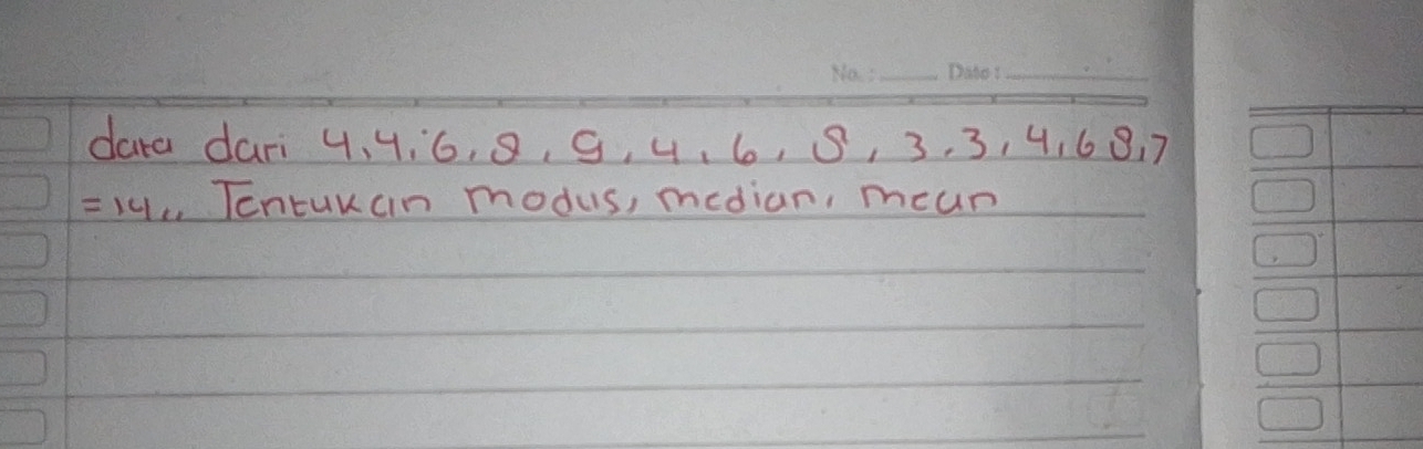 daa dari 4, 4 : 6, 8, 9, 4, 6, S, 3. 3, 4.6 8. 7
=14, Tentukcin modus, median, mcan