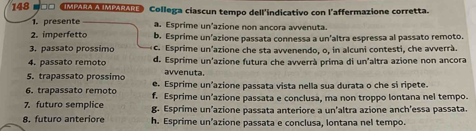 148 IMPARA A IMPARARE Collega ciascun tempo dell’indicativo con l’affermazione corretta.
1. presente a. Esprime un’azione non ancora avvenuta.
2. imperfetto b. Esprime un’azione passata connessa a un’altra espressa al passato remoto.
3. passato prossimo c. Esprime un’azione che sta avvenendo, o, in alcuni contesti, che avverrà.
4. passato remoto d. Esprime un’azione futura che avverrà prima di un’altra azione non ancora
5. trapassato prossimo avvenuta.
e. Esprime un’azione passata vista nella sua durata o che si ripete.
6. trapassato remoto f. Esprime un’azione passata e conclusa, ma non troppo lontana nel tempo.
7. futuro semplice g. Esprime un’azione passata anteriore a un’altra azione anch’essa passata.
8. futuro anteriore h. Esprime un’azione passata e conclusa, lontana nel tempo.