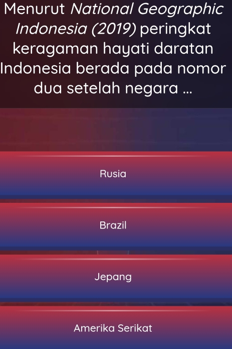 Menurut National Geographic
Indonesia (2019) peringkat
keragaman hayati daratan
Indonesia berada pada nomor
dua setelah negara ...
Rusia
Brazil
Jepang
Amerika Serikat