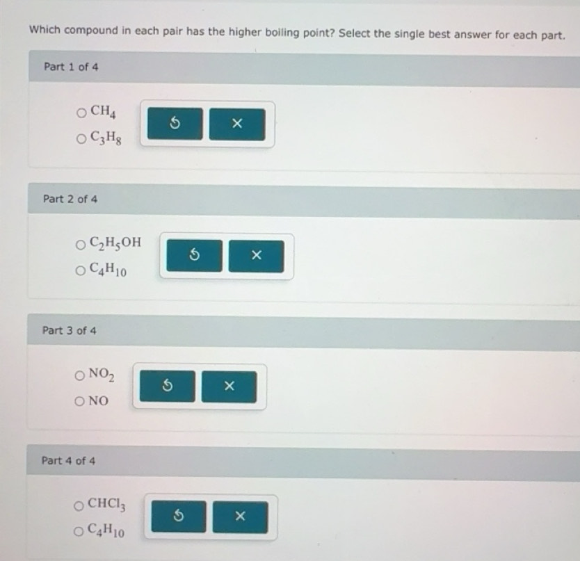 Solved: Which compound in each pair has the higher boiling point ...
