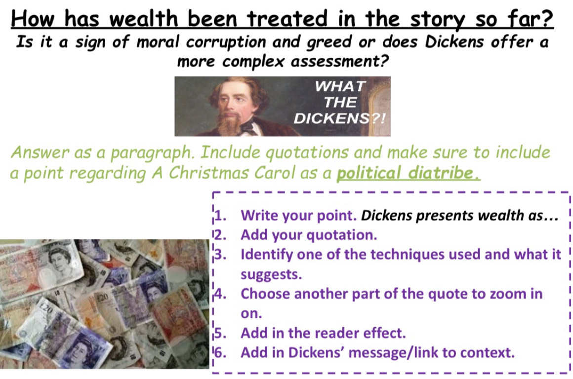 How has wealth been treated in the story so far?
Is it a sign of moral corruption and greed or does Dickens offer a
more complex assessment?
Answer as a paragraph. Include quotations and make sure to include
a point regarding A Christmas Carol as a political diatribe.
1. Write your point. Dickens presents wealth as..
Add your quotation.
Identify one of the techniques used and what it
suggests.
Choose another part of the quote to zoom in
on.
Add in the reader effect.
Add in Dickens’ message/link to context.